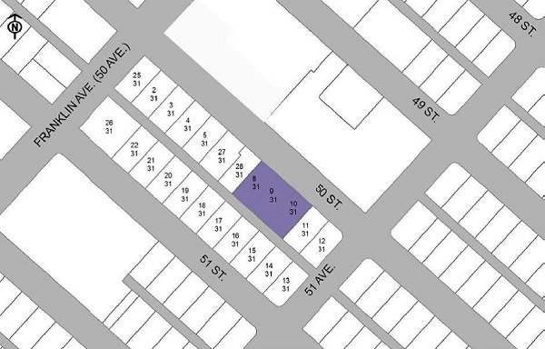 Downtown Map showing Lots 8, 9 and 10, Block 31 off of 50 St, around the corner from 51 Ave