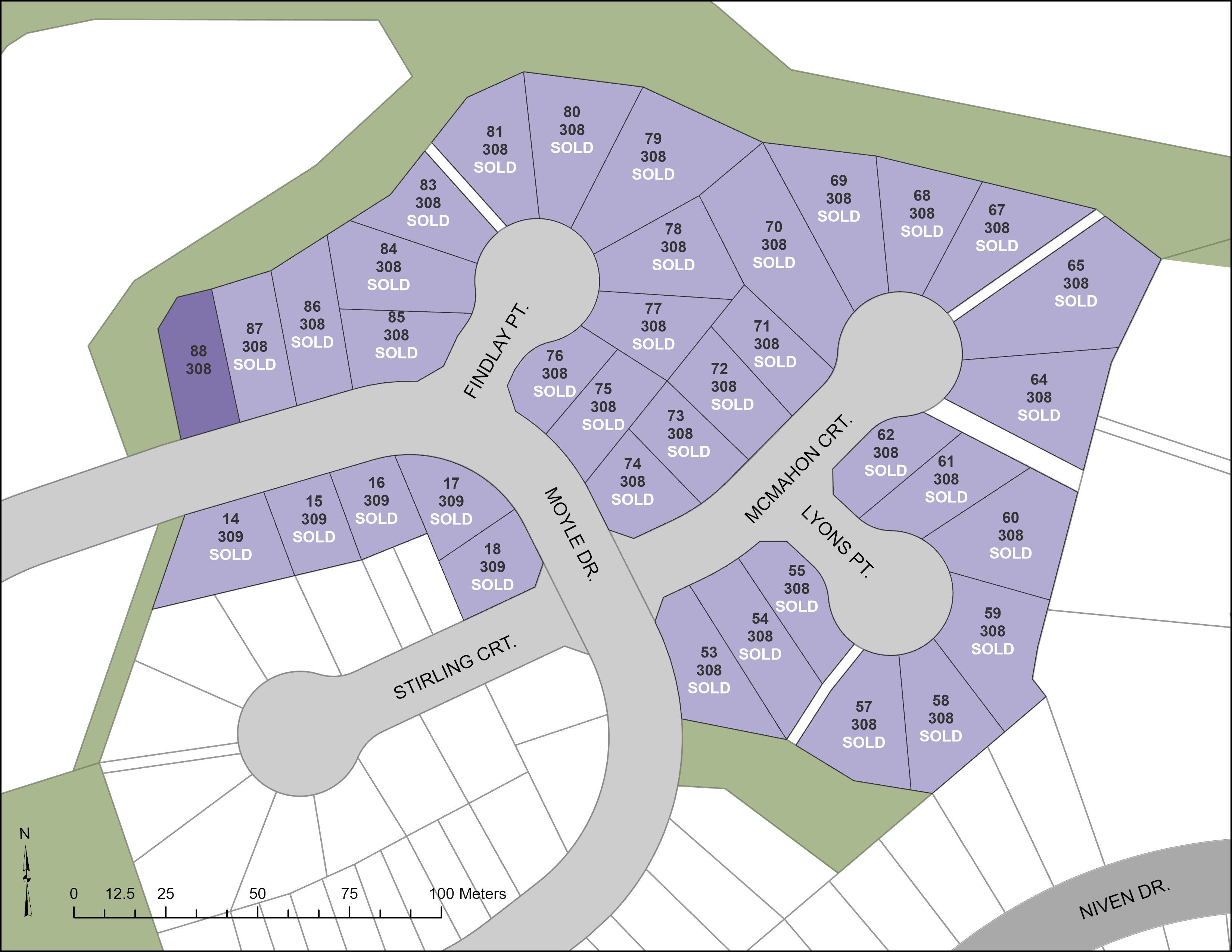 Map of Niven Lake Phase 7 residential area showing available lots which are described in the table below
