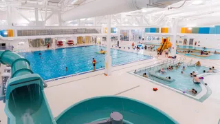 ATCO Aquatic Centre Interior with pool, slide, lazy river