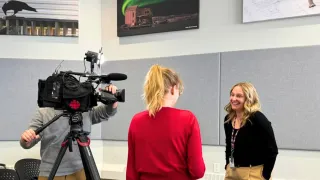 Kerry Thistle being interviewed by CBC in the Council Chamber