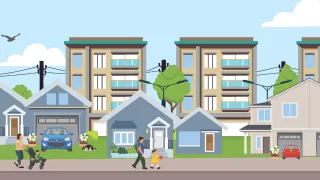 Graphic showing houses and apartments with families around