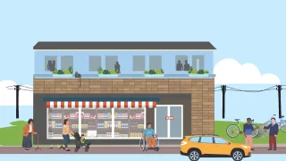 Graphic depicting a storefront with various people outside
